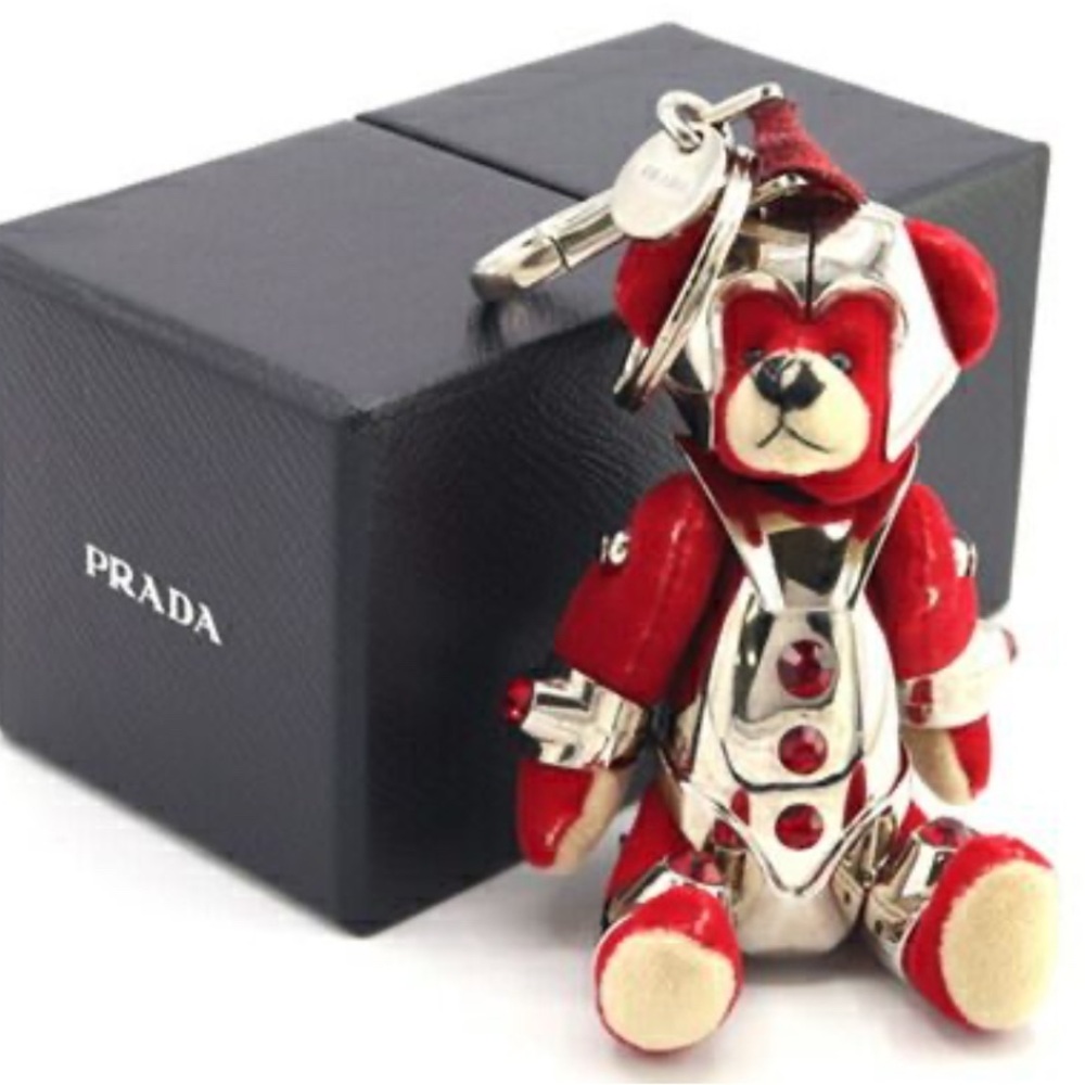 Prada Bear Robot Metallic Charm Keychain Red and Silver Teddy w/Box Red Crystals - Picture 7 of 13